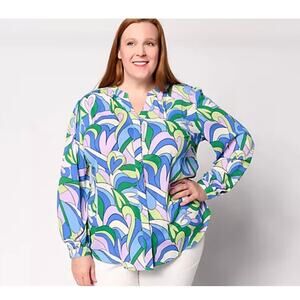 BELLE KIM GRAVEL Top Shirt Mod Amore Button Up Blouse Pink Green Heart Print 2X